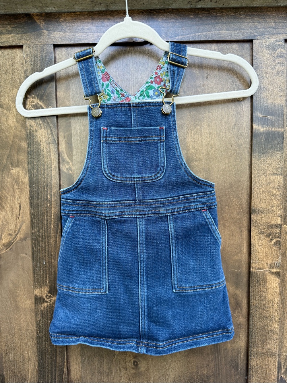Mini Boden Denim Overall Jumper Dress|Girls Size 3-4Y 104 cm| Floral Lined